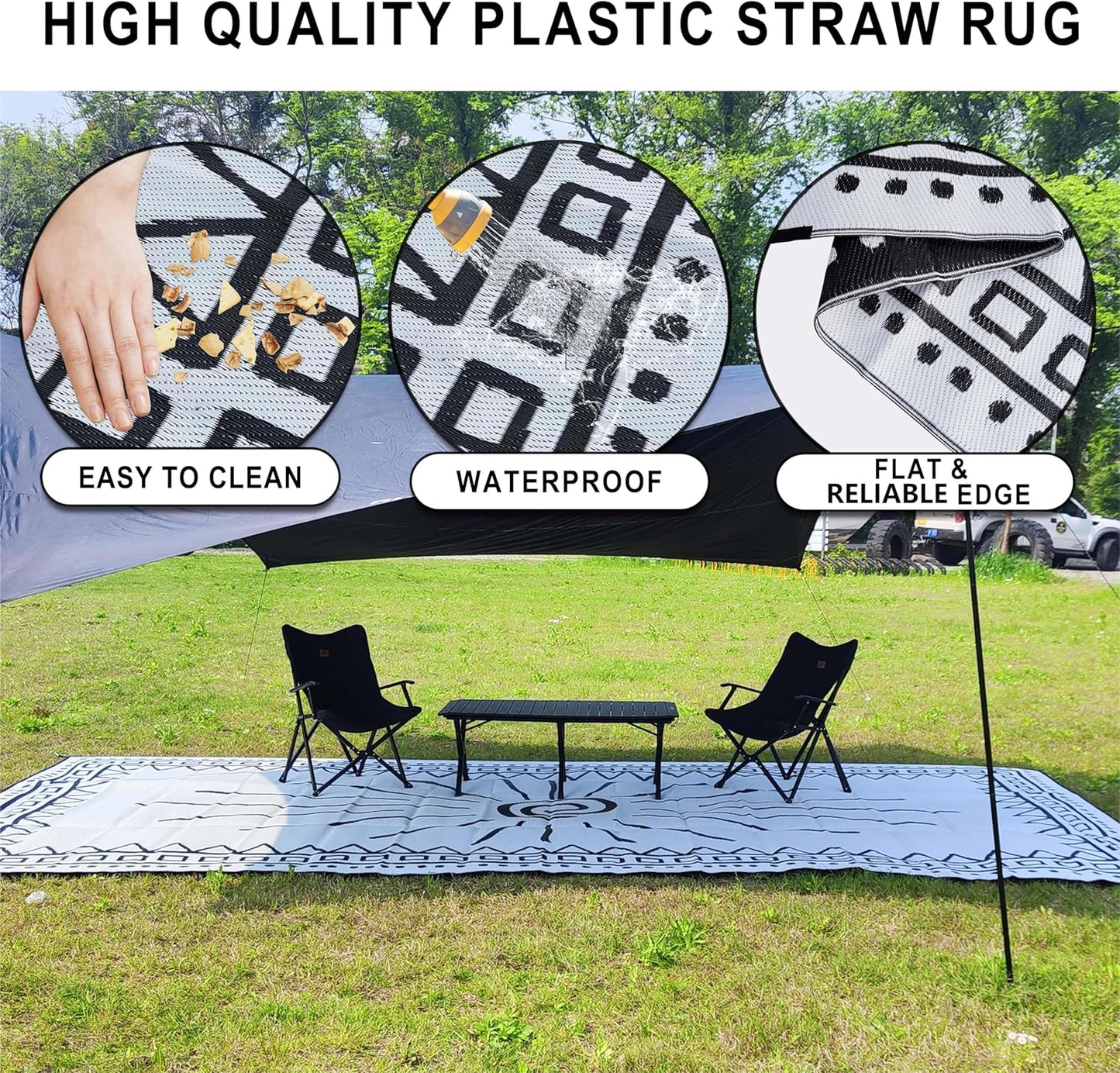 RV Outdoor Rug, Plastic Straw Waterproof Rugs Lightweight Reversible RV Mat Outdoor Patio Rug with Storage Bag for Outside Camper Under Awning Backyard, Sun Print