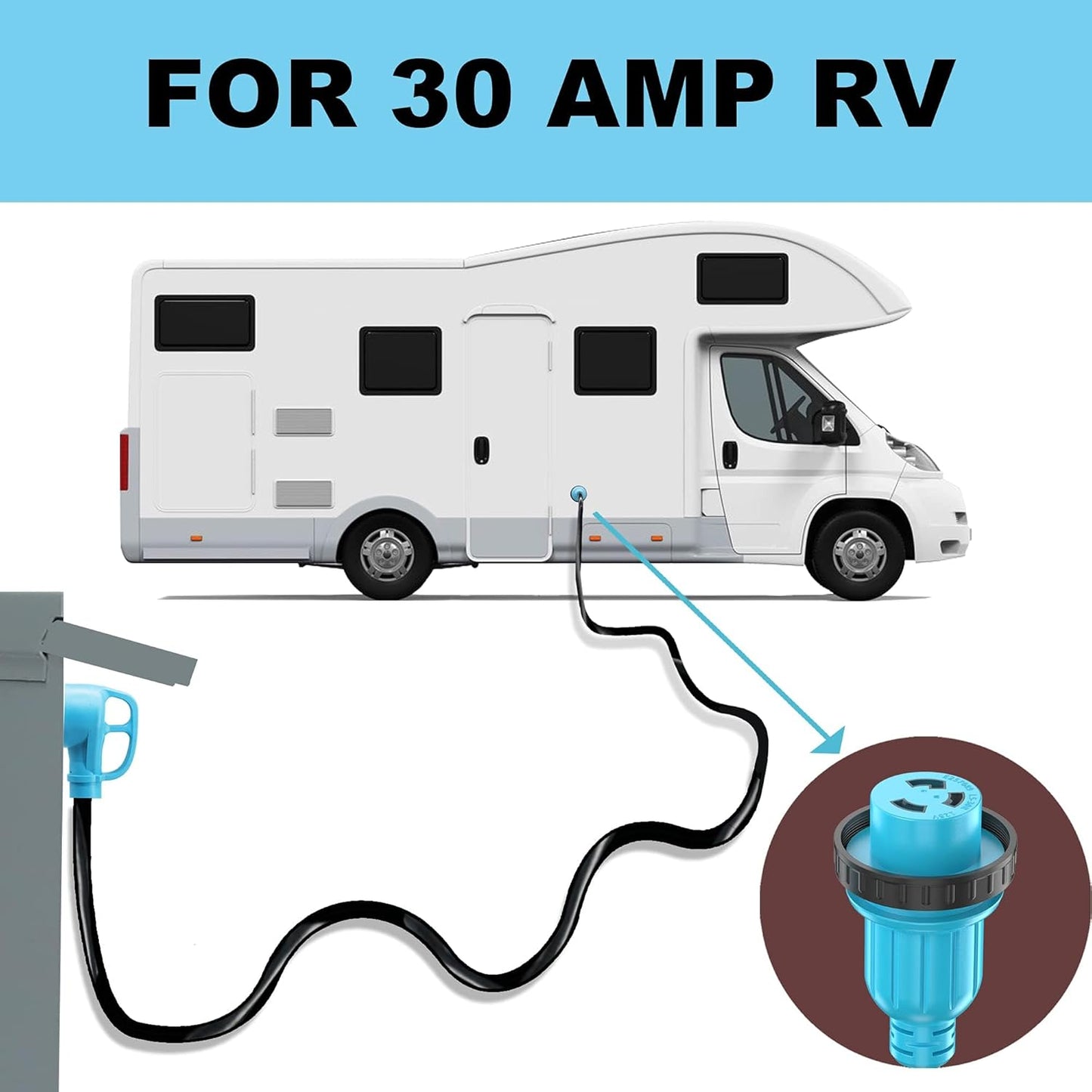 30 Amp 100 Feet RV Power Cord Twist Locking, Heavy Duty 10 Gauge 3 Wire STW Pure Copper Wire with Grip Handle, TT-30P to L5-30R with Cord Organizer for RV Trailer Campers
