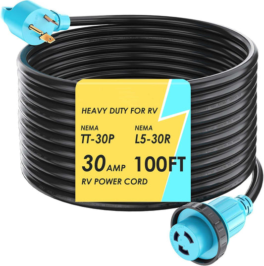 30 Amp 100 Feet RV Power Cord Twist Locking, Heavy Duty 10 Gauge 3 Wire STW Pure Copper Wire with Grip Handle, TT-30P to L5-30R with Cord Organizer for RV Trailer Campers
