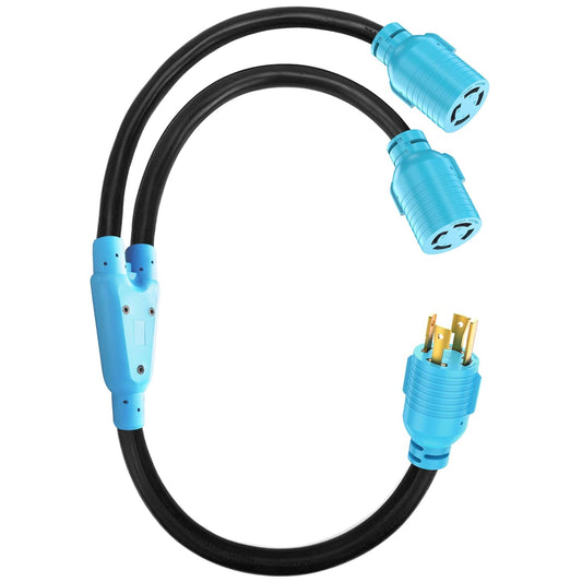 4 Prong 30 Amp Generator Splitter Y Adapter, NEMA L14-30P to 2X L14-30R, 10 AWG SJTW for Manual Transfer Switch, Generators, 125/250V 7500W