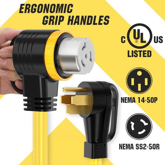 50 Amp RV/Generator Cord, UL Listed, 100% Copper Wire, NEMA 14-50P to SS2-50R Twist Lock, Newly Designed 90°Grip Handle, 6/3+8/1 Gauge STW Wire