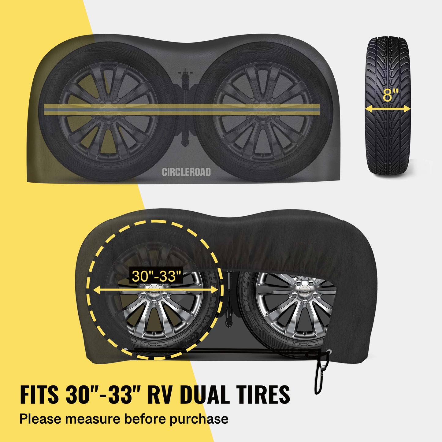 RV Tire Covers, Upgraded Reflective Strip Tire Covers for Trailers, Waterproof Anti-UV Dual Axle Wheel Cover RV Accessories for Trucks Trailers, 2 Pack, Fits 30"-33" Diameter