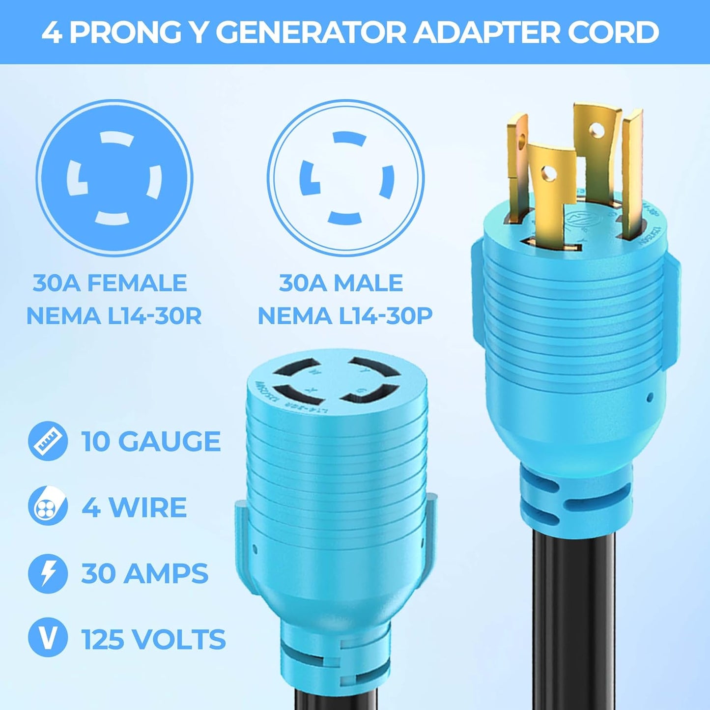 4 Prong 30 Amp Generator Splitter Y Adapter, NEMA L14-30P to 2X L14-30R, 10 AWG SJTW for Manual Transfer Switch, Generators, 125/250V 7500W