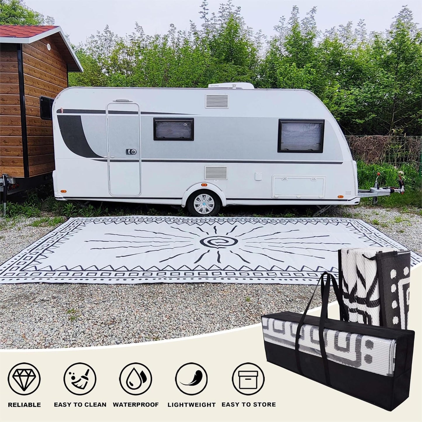 RV Outdoor Rug, Plastic Straw Waterproof Rugs Lightweight Reversible RV Mat Outdoor Patio Rug with Storage Bag for Outside Camper Under Awning Backyard, Sun Print